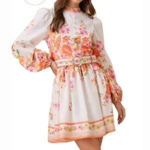 Main Strip Mock Neck Floral Border Print Mini Dress